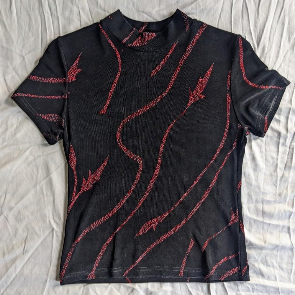 Vintage Black Mesh High Neck Shirt with Red Glitter